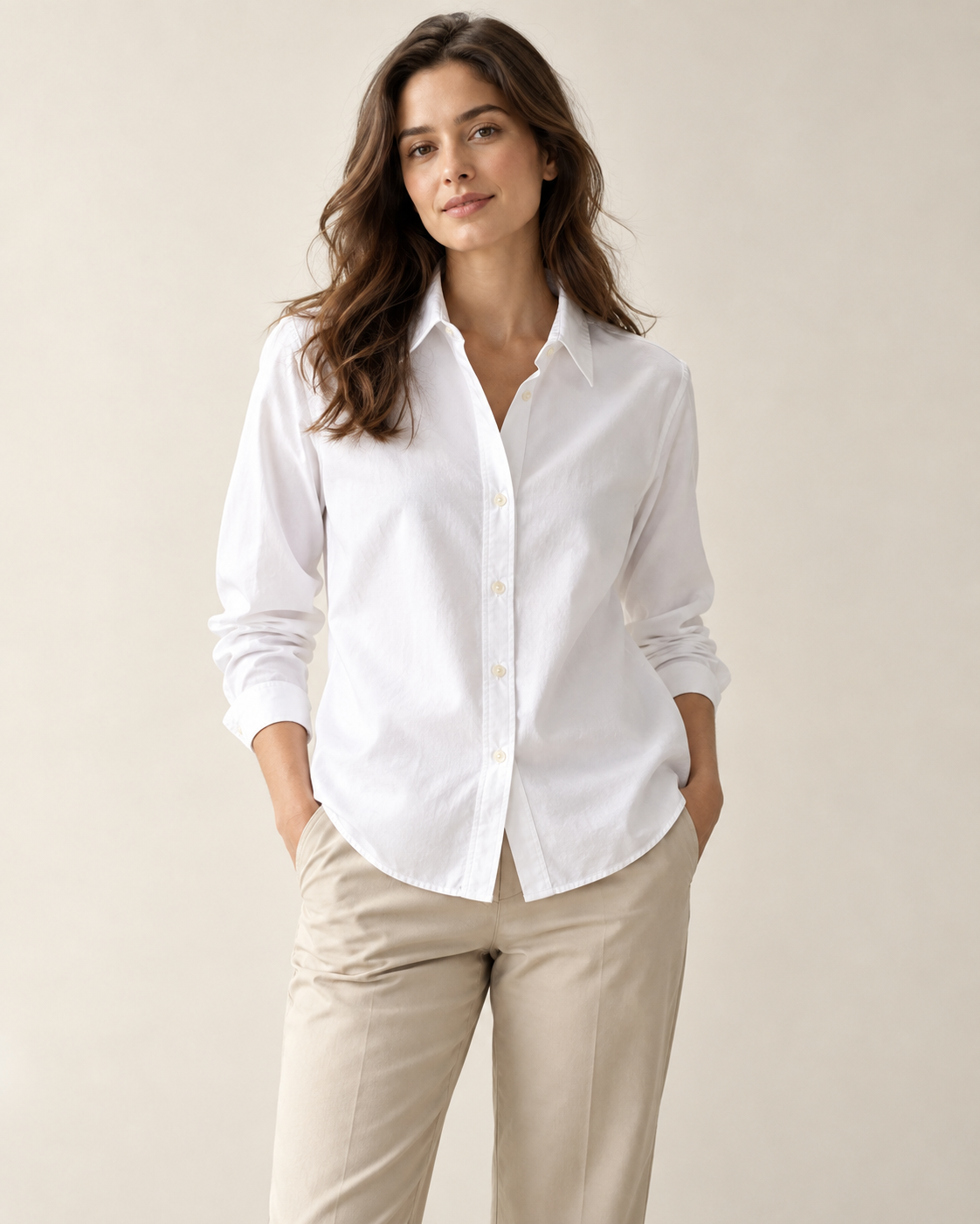Woman wearing Liora classic button-front shirt in white