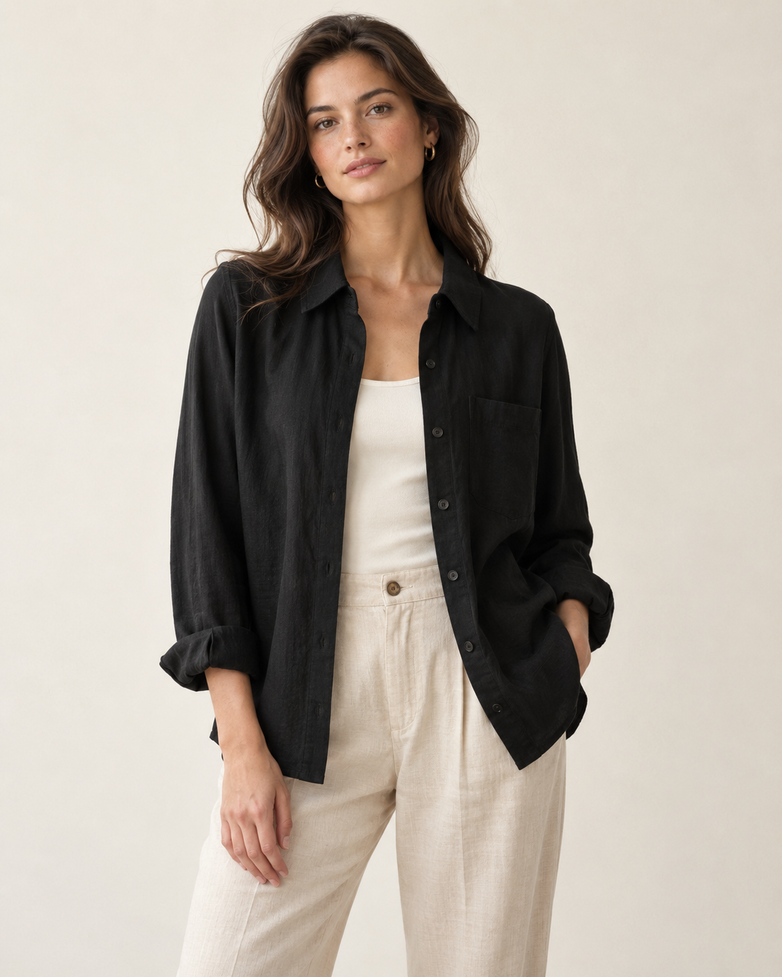 Woman wearing Liora lightweight overshirt in black