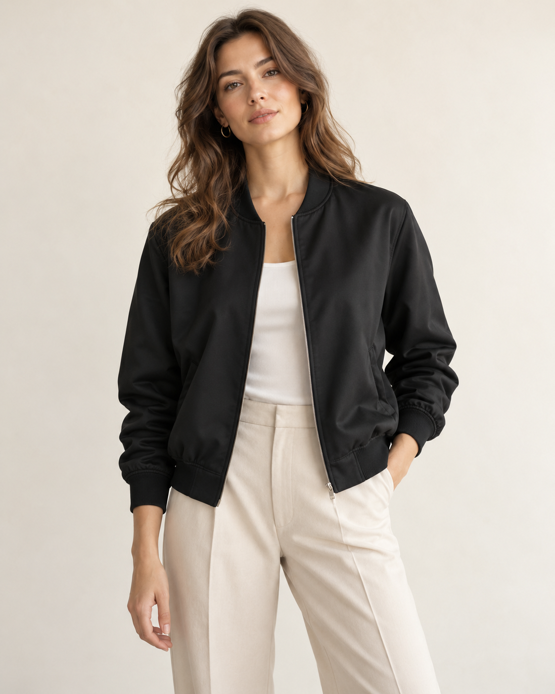 Woman wearing Liora minimal bomber jacket in black