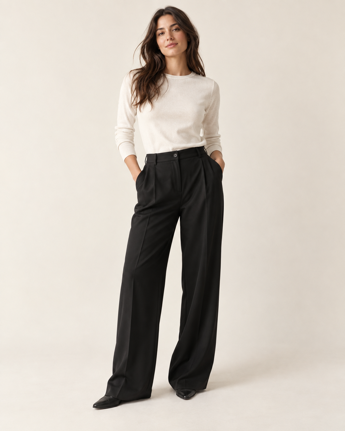 Woman wearing Liora relaxed-fit trousers in black