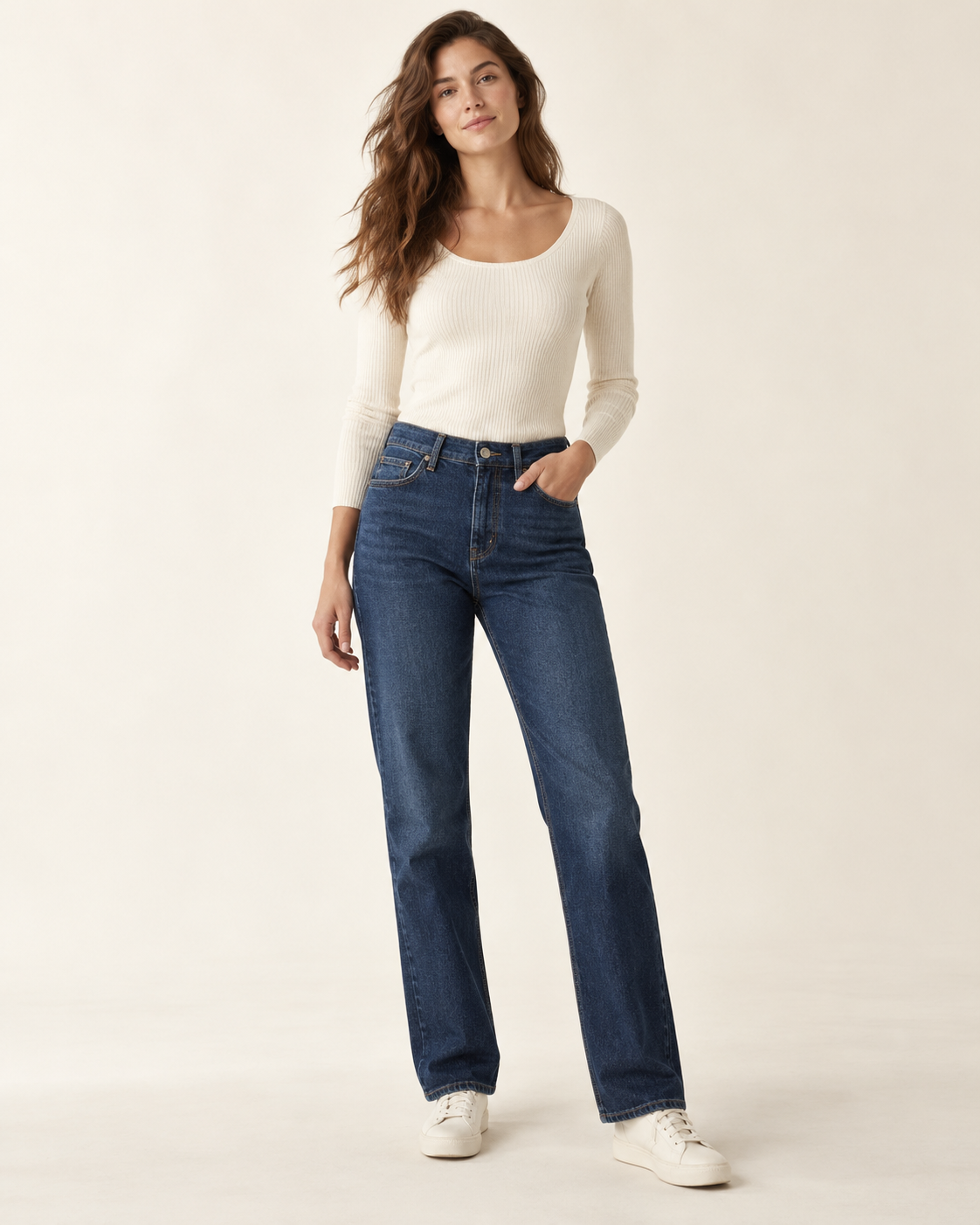 Woman wearing Liora straight-leg denim in blue