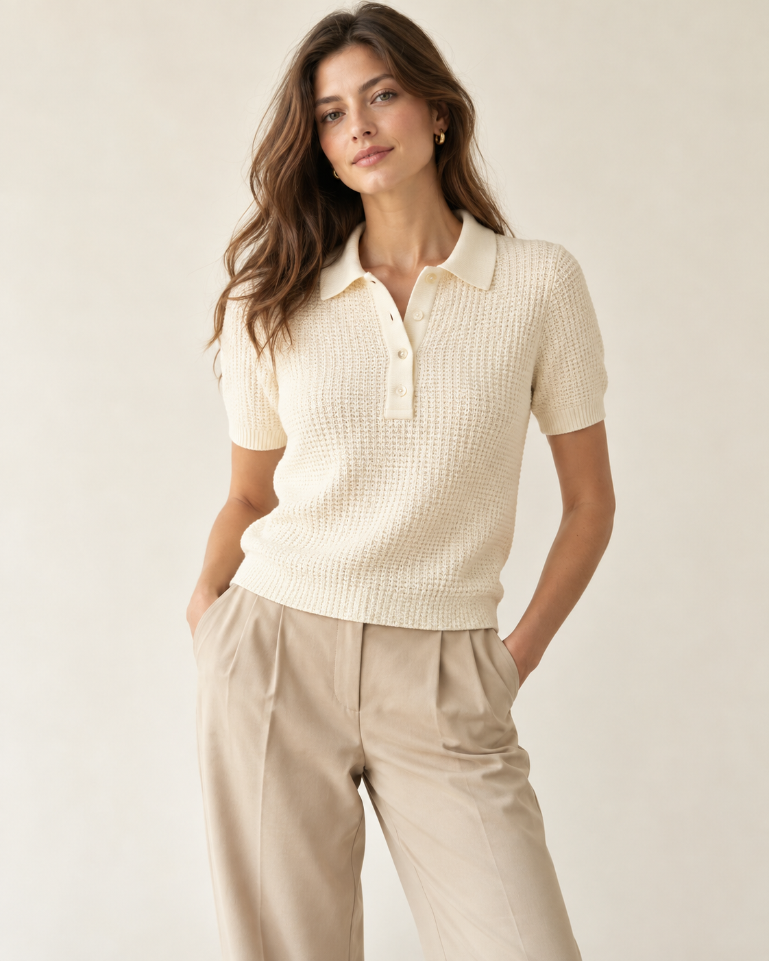 Woman wearing Liora textured knit polo in ivory